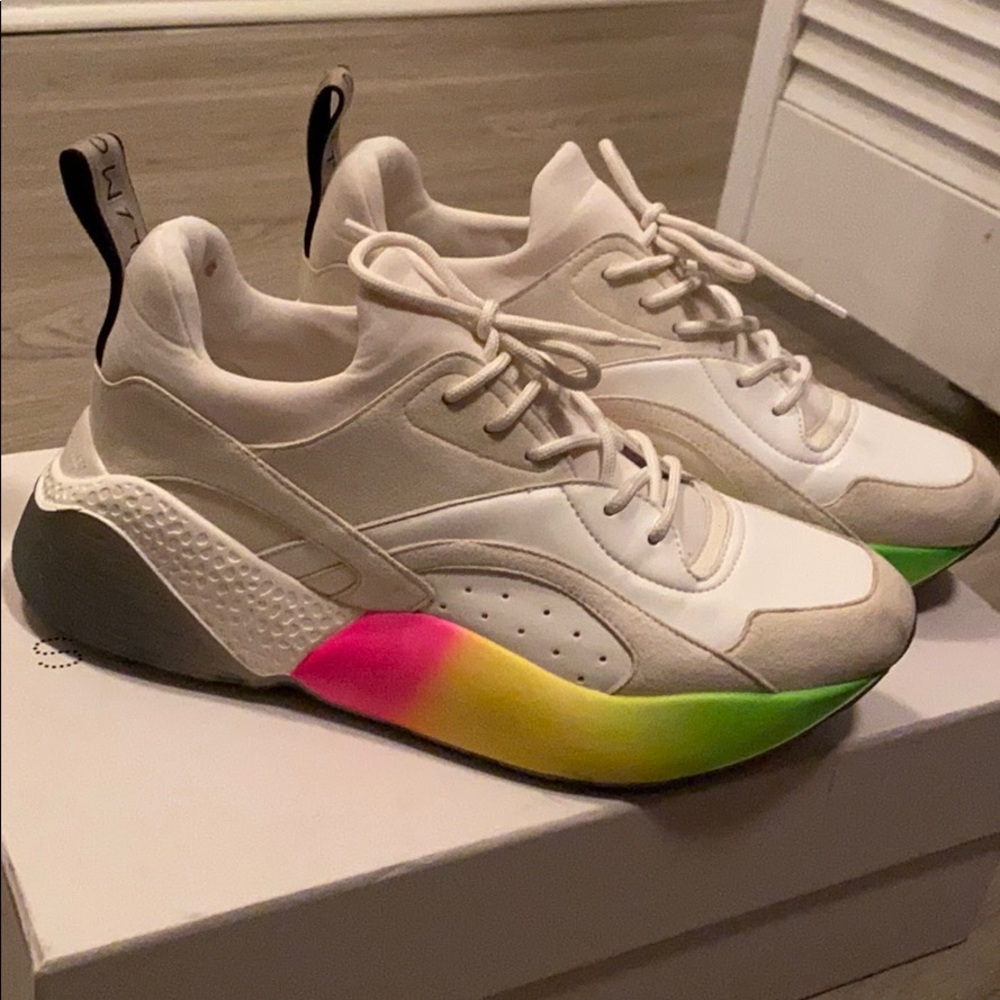 Stella McCartney White Sneakers with Neon Pink, Yellow & Green Gradient Sole